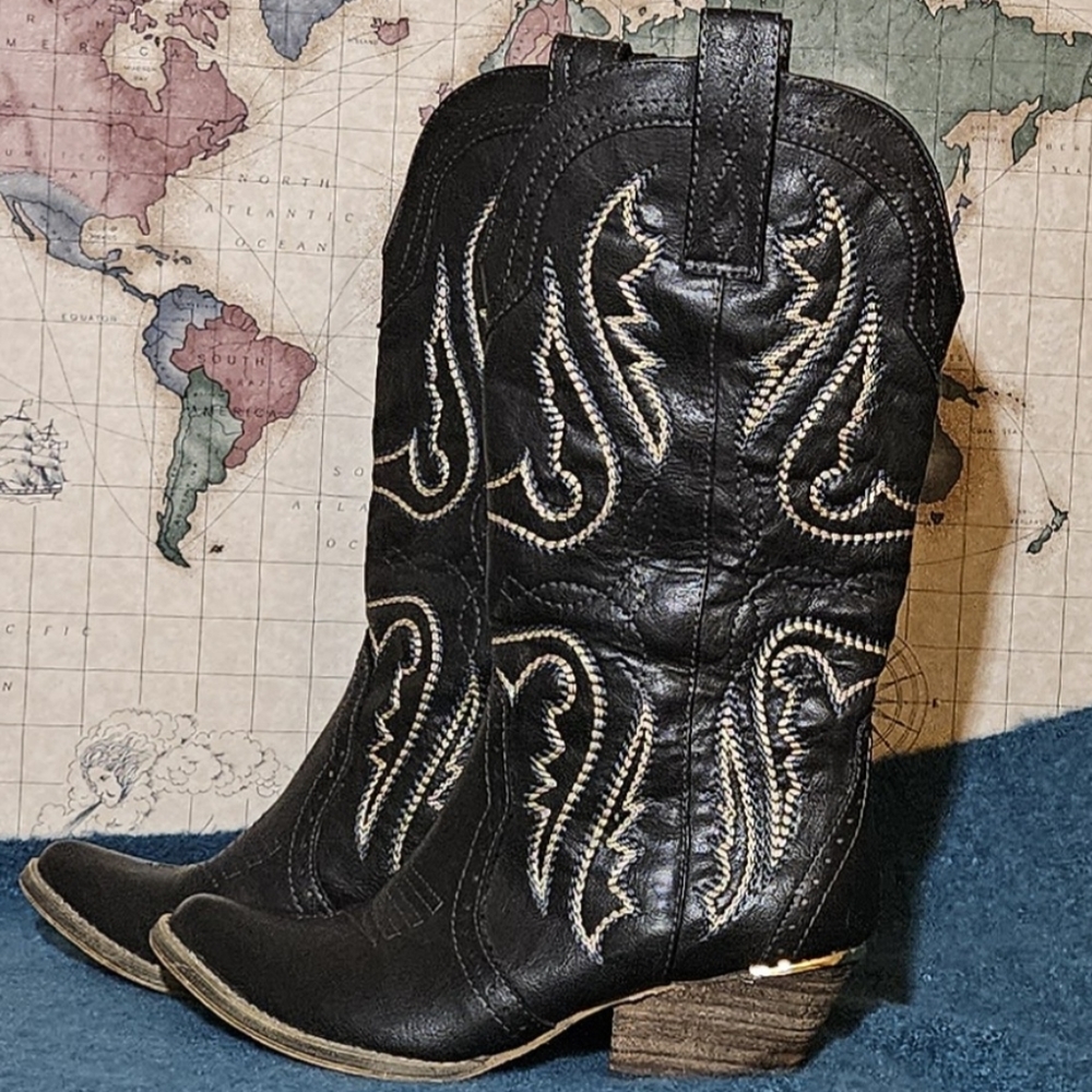 Very Volitile Black Cowboy Boots with Brass Size 6